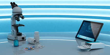 Microscope, laptop and medicines on table in modern lab. 3d illustration. Concept of pharmaceutical...