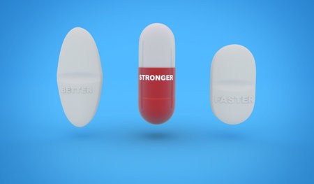 Better, stronger, faster text impressed on three pills isolated on blue background, 3d illustration....