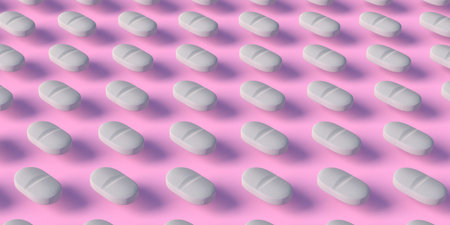 Many white tablets floating mid-air on pink background, 3d illustration. Pill pattern on pastel...