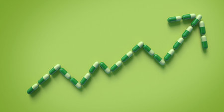 Capsules arranged in shape of upwards arrow isolated on pale green background, 3d illustration....