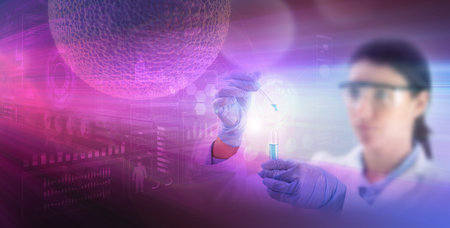 Blurred chemist holding a test-tube in futuristic scientific background with data and infographics.