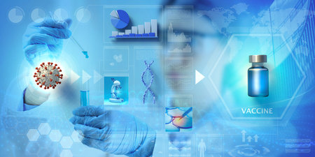 vaccine clinical research. Abstract background with infographics and images, 3d illustration.の写真素材