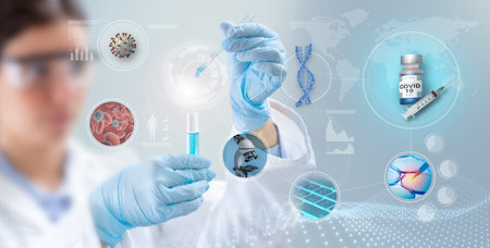 Blurred woman scientist holds a test-tube in scientific background, 3d illustration. Conmcept of Covid-19 vaccine clinical research.の写真素材