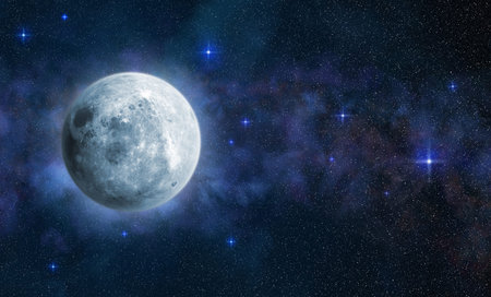 Bright full moon in blue starry sky. 3D illustration.の写真素材