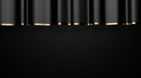 Dark satin drape with golden rim on black background with space for text and images.の写真素材
