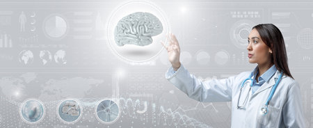 Medium shot of woman doctor moving holographic 3d rendering brain image in a scientific background...