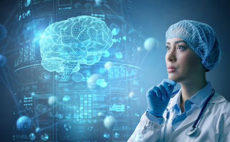 Female doctor surgeon analyzing brain test results on holographic interface. Innovative technology...
