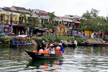 Hoi An, Vietnam, June 15, 2020: Thu Bon river. Hoi An, Vietnam. Ancient city. World heritageのeditorial素材