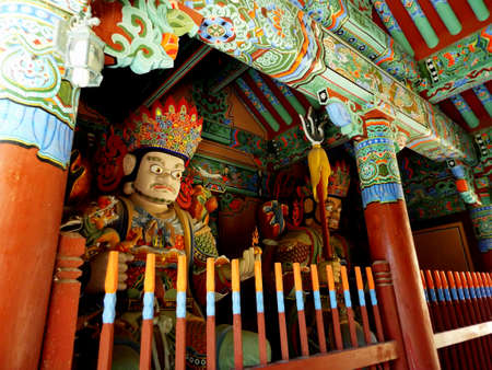 Beomeosa, Busan, South Korea, August 27, 2017: Colorful sculptures in one of the temples of the Beomeosa Buddhist temple complex. Busan, Korea.のeditorial素材