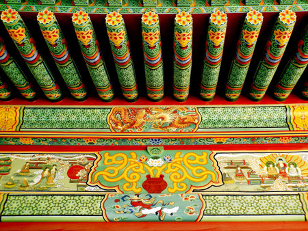 Beomeosa, Busan, South Korea, August 27, 2017: Colorful decoration on the exterior of one of the...