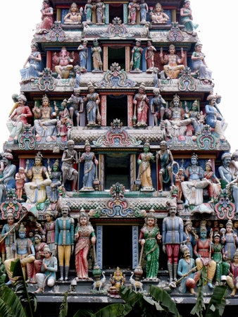 Singapore, March 7, 2016: Vertical view of the dome sculptures at the entrance door of a Hindu...