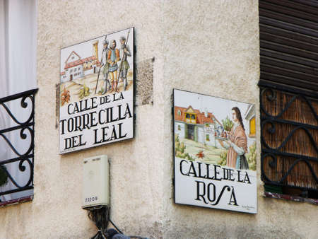 Madrid, Spain, August 15, 2015: Plaques decorated with the name of the streets. Madridのeditorial素材