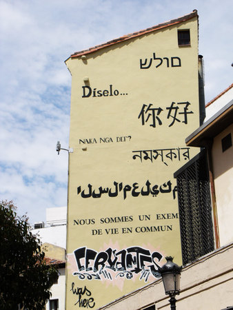 Madrid, Spain, August 15, 2015: Facade of a building decorated in different languages. Madrid