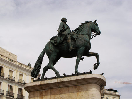 Madrid, Spain, August 15, 2015: Monument to King Carlos III in Puerta del Sol square. Madrid