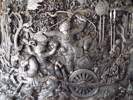 Chiang Mai, Thailand, December 6, 2018: Detail of a tin and silver relief inside the Wat Muen San temple, Chiang Mai silver templeのeditorial素材