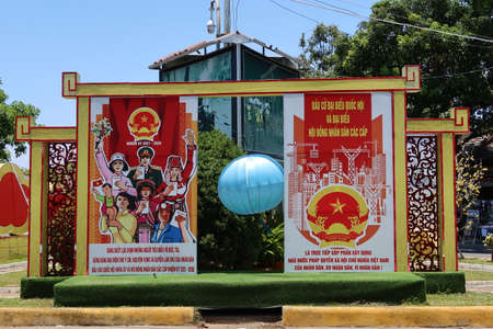 Hoi An, Vietnam, May 23, 2021: Poster announcing the XV parliamentary elections in a square in Hoi An, Vietnamのeditorial素材