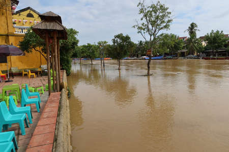 Hoi An, Vietnam, October 25, 2021: View of a central flooded street in Hoi An, Vietnam along the Thu Bon River during the 2021 rainy seasonのeditorial素材