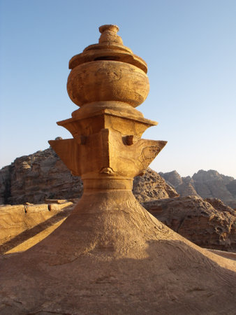 Petra, Jordan. August 16, 2010: Vertical view of the upper adornment of the facade of the Monastery on the mountain of Petra, Jordanのeditorial素材