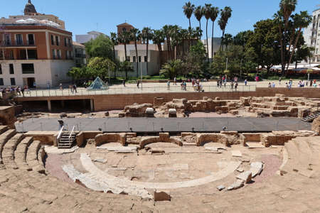 Malaga, Spain, May 8, 2022: Remains of the stage and the stone steps of the Roman theater of Malaga in Alcazabilla street. Spainのeditorial素材