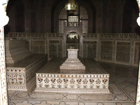 Taj Mahal, Agra, India, August 18, 2011: Richly decorated tombs inside the white marble Taj Mahal mausoleumのeditorial素材