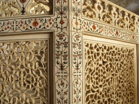 Taj Mahal, Agra, India, August 18, 2011: Spectacular detail of the interior decoration with colorful semi-precious stone inlays of the white marble Taj Mahal mausoleumのeditorial素材