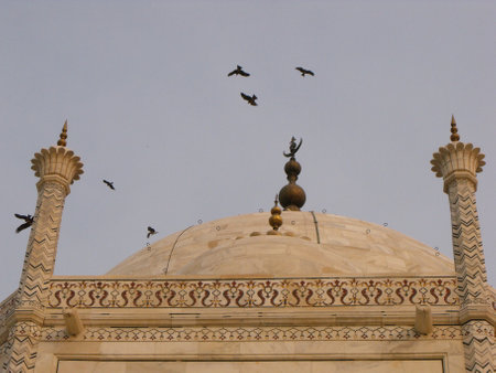 Taj Mahal, Agra, India, August 18, 2011: Birds flying over the white marble Taj Mahal mausoleumのeditorial素材
