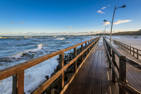 Wooden promenade along the Baltic sea in Darlowko. Northern Poland.の写真素材