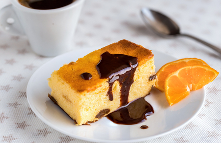 Traditional Polish homemade cheesecake with raisins and chocolate.の写真素材