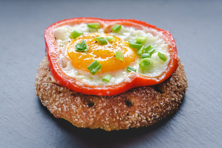 Fried eggs with red sweet pepper, chives and bread on a black slate background.の写真素材
