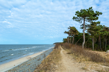 View of empty Ostrowo beach in cloudy day. Baltic Sea, Polandの写真素材