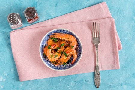 Plate with fried prawns and rice. Seafood.の写真素材