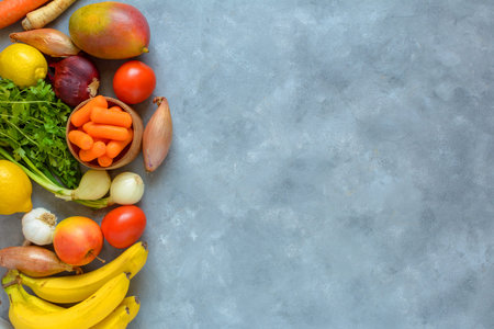 Fresh vegetables and fruits background. Top view, Copy space.