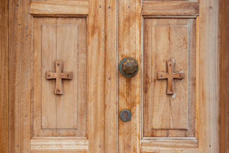 Closeup of wooden door of Greek church. Zakynthos island, Greeceの写真素材
