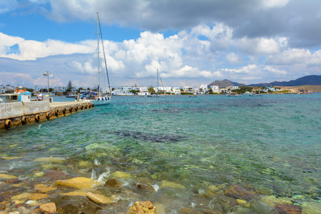 MILOS, GREECE - May 18, 2017: View of bay and coastline in Pollonia village. Milos island, Greece.のeditorial素材