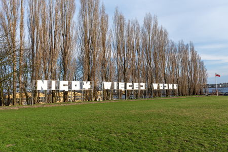 GDANSK WESTERPLATTE, POLAND - April 15, 2018: Inscription War Never Again (polish: No more war) near Westerplatte monument in memory of the Polish defenders. Gdansk, Poland.のeditorial素材