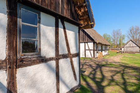 Facade of old ethno house in the open-air museum in Kluki village. Polandのeditorial素材