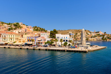 View of city and beautiful bay of Symi Island. Greece