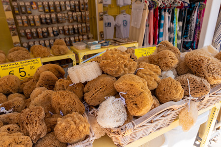SYMI, GREECE - May 15, 2018: Natural sponges in local market. Symi island. Greeceのeditorial素材