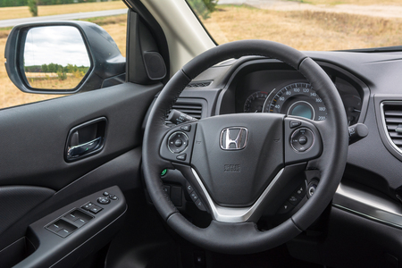 POLAND - July 8, 2018: Steering wheel of Honda CR-V car.のeditorial素材