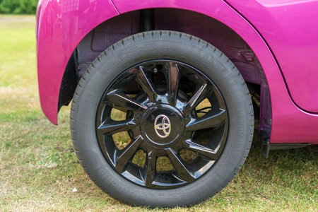 POLAND - July 7, 2018: Close up of Toyota Aygo alloy wheel.