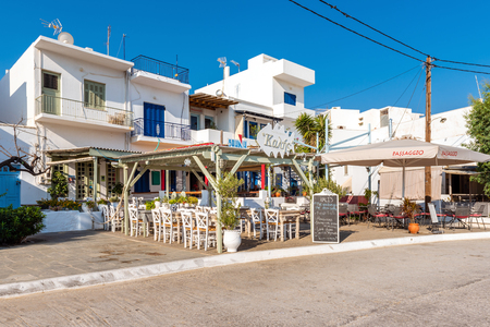 SERIFOS, GREECE - September 9, 2018: Traditional Greek restaurant on street in Livadi on Serifos island.のeditorial素材
