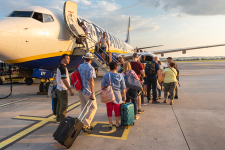 GDANSK, POLAND - September 7, 2018: Passengers boarding to Ryanair plane on Lech Walesa Airport in Gdansk.のeditorial素材