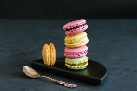 Colorful macarons cakes. Small French cakes. Sweet and colorful french macaroons.の写真素材