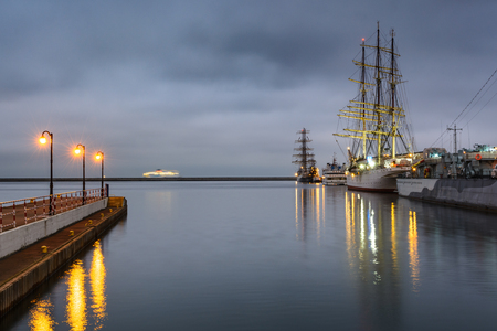 GDYNIA, POLAND - December 31, 2016: Baltic Sea harbor in Gdynia at duskのeditorial素材