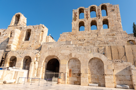 ATHENS, GREECE - September 14, 2018: Facade of Odeon of Herodes Atticus in Athens, one of the few ancient theatres in the world that still host performances.のeditorial素材