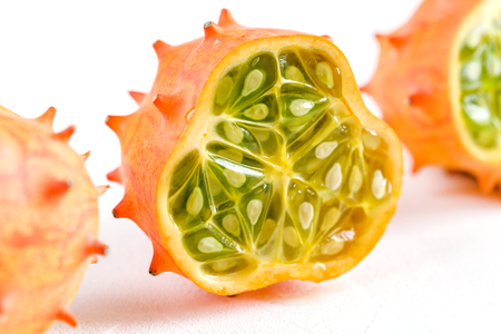 Fresh organic kiwano or horned melon on white background.の写真素材