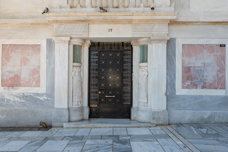 ATHENS, GREECE - September 14, 2018: Traditional Greek building with decorated walls in the center of Athens.のeditorial素材
