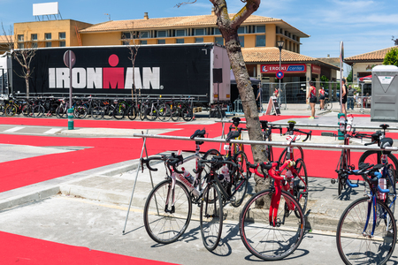 Alcudia, Mallorca, Spain - May 11, 2019: IRONMAN 70.3 MALLORCA, annual event where athletes compete in cycling, running and swimming competitions.のeditorial素材