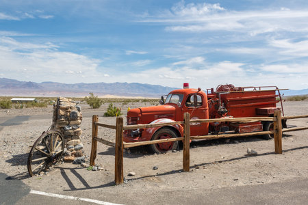 CALIFORNIA, USA - April 4, 2019: Old fire truck in Stovepipe Wells, Death Valley National Park.