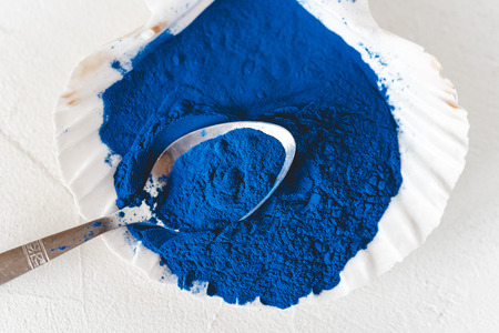 Blue Spirulina algae powder, healthy dietary supplement.の写真素材